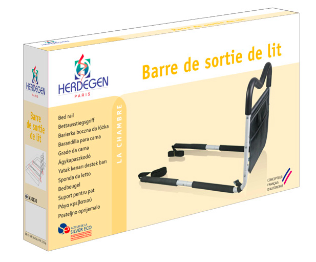 Packaging de la barre de sortie de lit Herdgen Protect Ultra avec pochette de rangement.